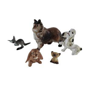 VTG Miniature Ceramic Animals Collie Poodle Dogs Bunny Kitten Kangaroo Japan
